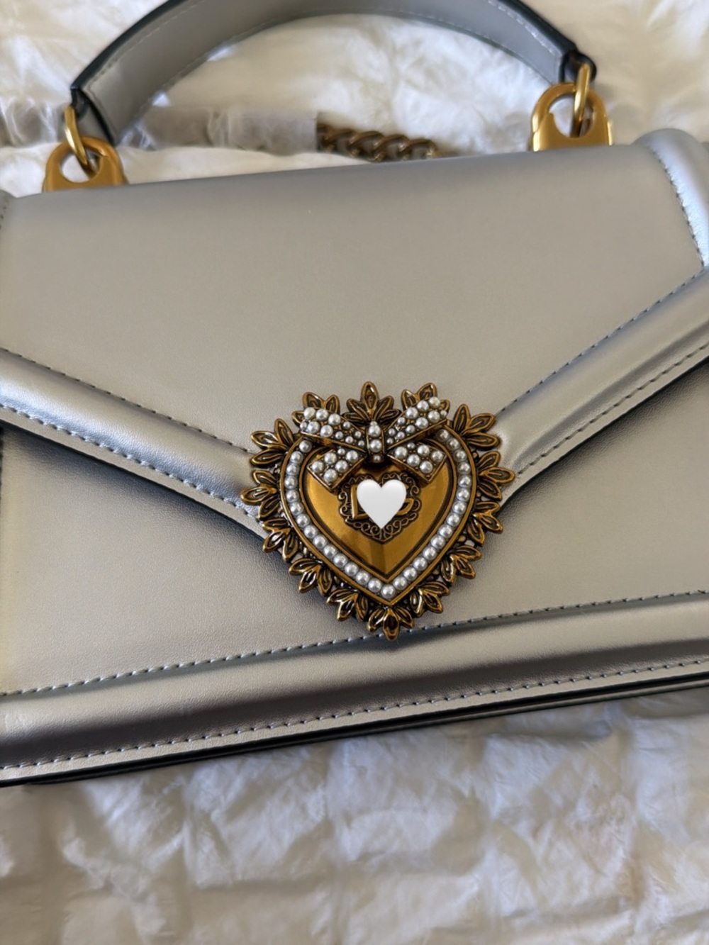 Devotion: Silver Women's Top-Handle Bag with Decorative Heart Emblem